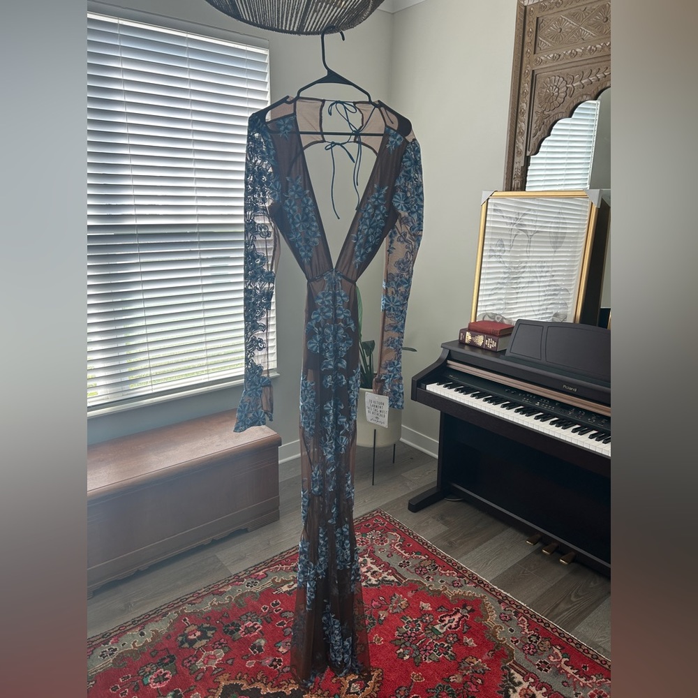 For Love and Lemons Temecula Cut Out Embroidered Lace Maxi Dress BLUE